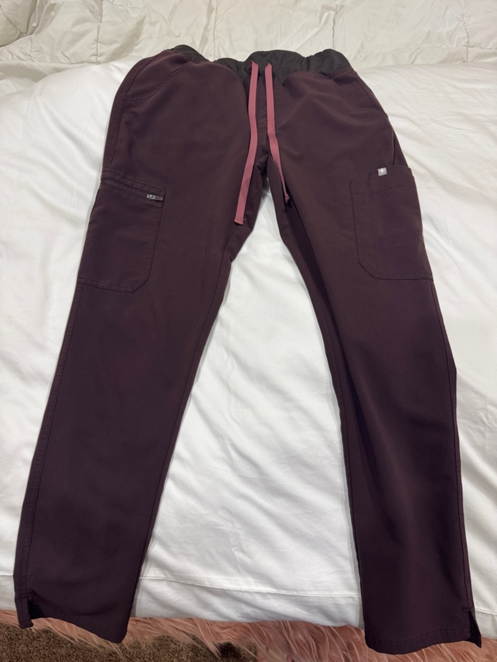 Figs Technical Collection Jogger Pants in Plum with Pink Drawstring